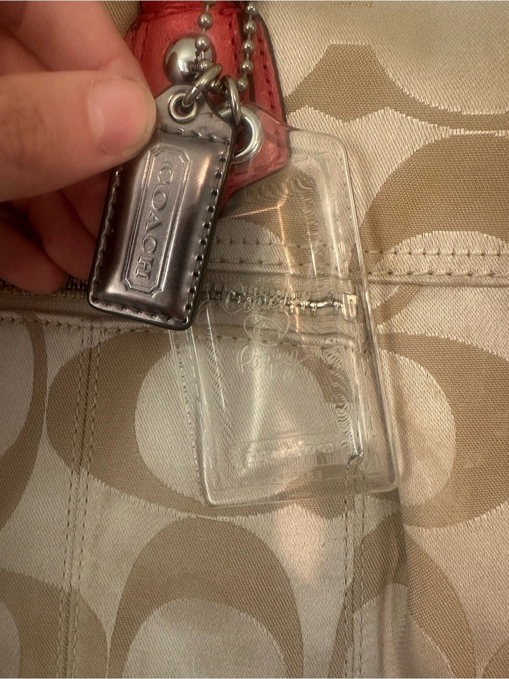 Coach Tan Poppy Signature Tote with Pink Leather Handles & Coach Daisy Keychain - Picture 4 of 13